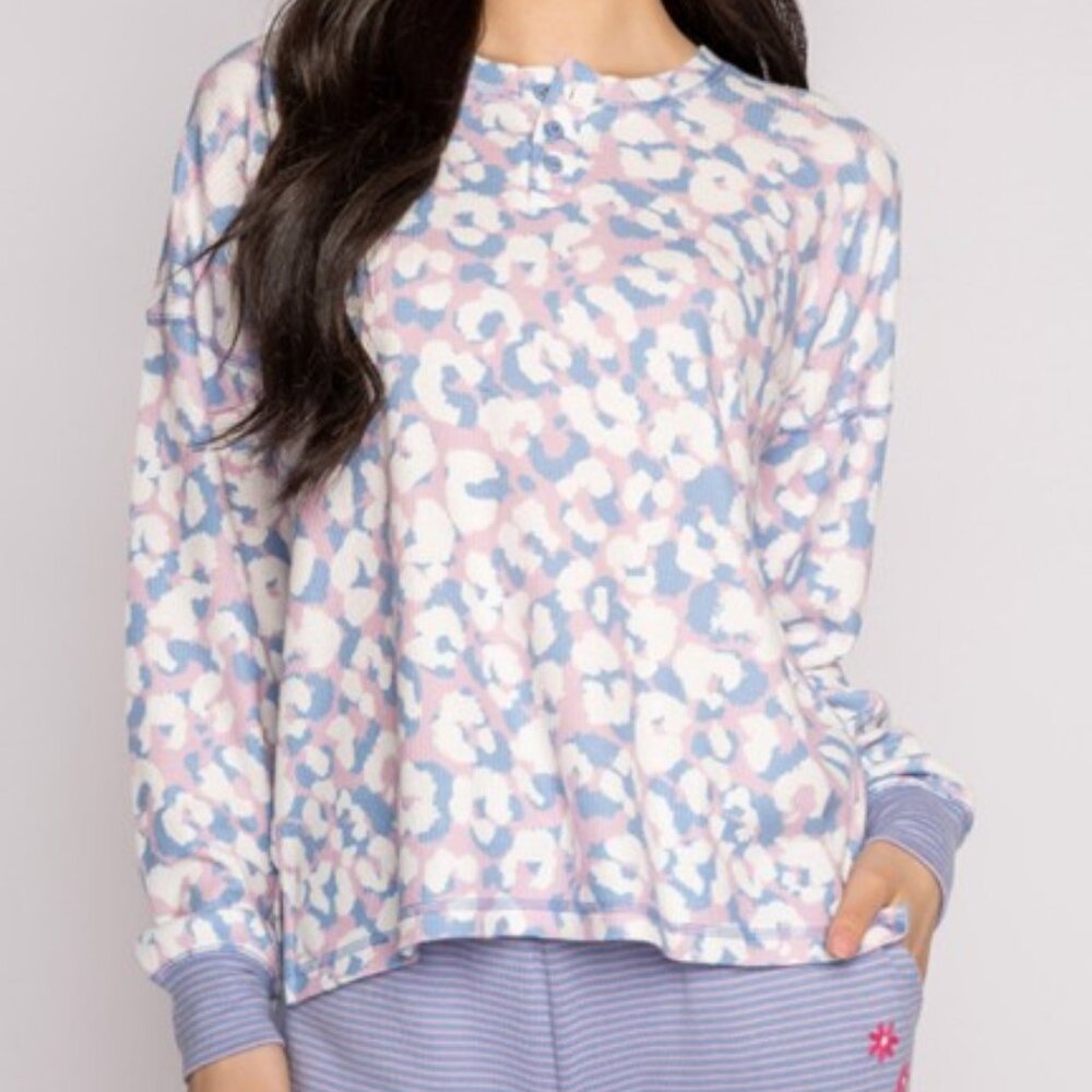 PJ Salvage Leopard is My Happy Henley Pajama Top Peachy Thermal Lounge Sleep NEW